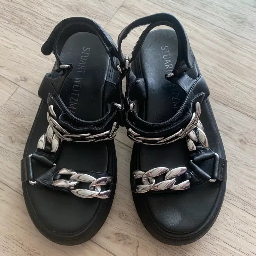 [BUNJANG] Stuart Weitzman Leather Black Chain Strap Velcro Sandals / 세일sale,,스튜어트 와이츠먼 가죽 블랙 체인스트랩 벨크로샌들