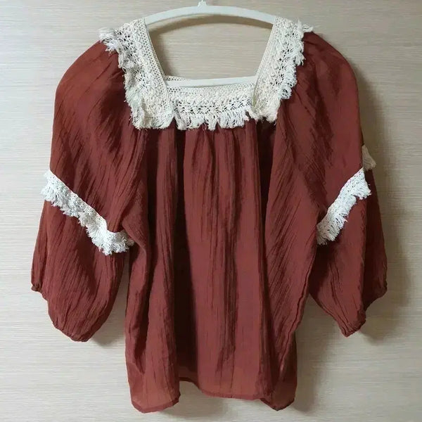 [BUNJANG] Lace Detail Puff Sleeve Brown Blouse / 레이스 브라운 블라우스 퍼프 소매