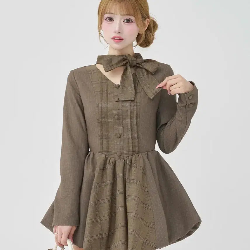 [BUNJANG] Darich Check Balloon Mini Dress - Brown / darich 다리치 체크 풍선 미니 원피스 브라운 판매 양도