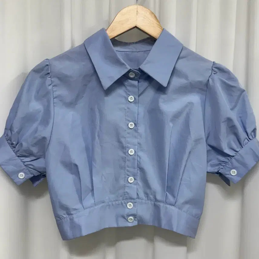 [BUNJANG] Puff Sleeve Cropped Blouse - Light Blue / 퍼프 반팔 크롭 블라우스 소라색