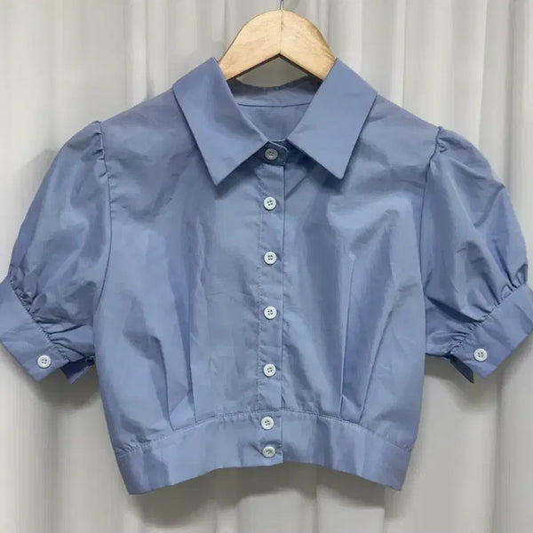 [BUNJANG] Puff Sleeve Cropped Blouse - Light Blue / 퍼프 반팔 크롭 블라우스 소라색