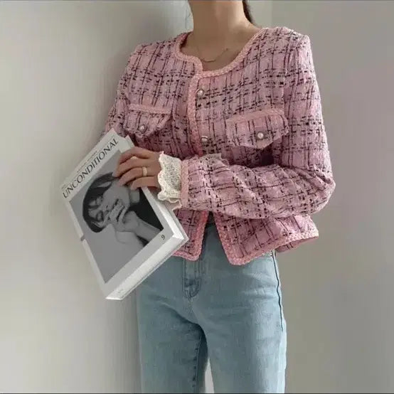 [BUNJANG] Ablie Pearl Pink Short Tweed Jacket / 에이블리 진주 핑크 숏 트위드 자켓