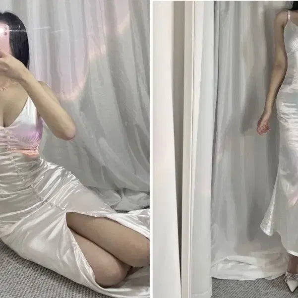 [BUNJANG] Satin Shirring Button Long Dress / 새틴 셔링 콩단추 롱원피스