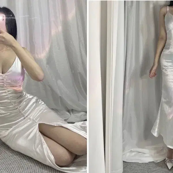 [BUNJANG] Satin Shirring Button Long Dress / 새틴 셔링 콩단추 롱원피스
