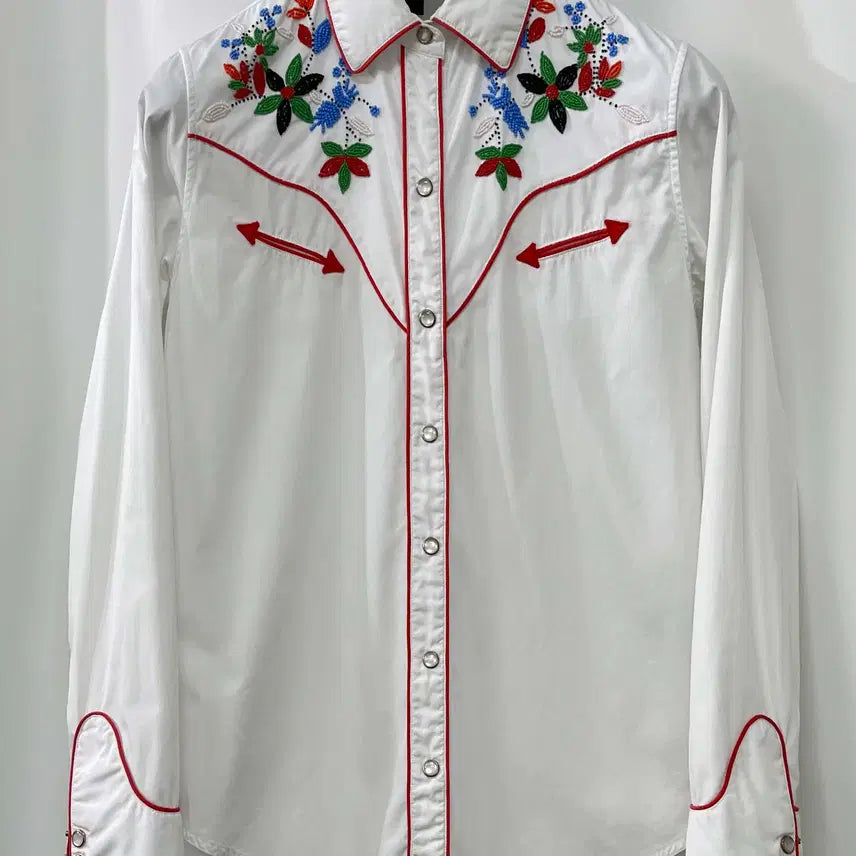 [BUNJANG] Polo Ralph Lauren Seed Bead Gemstone Floral Southwestern White Shirt / 여성 폴로 랄프로렌 시드비즈 잼스톤 플로럴 사우스 웨스턴 화이트 셔츠