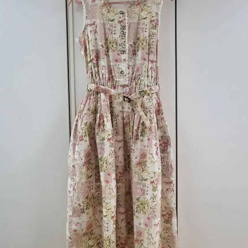 [BUNJANG] Vintage Flower Print Long Dress with Belt Set / 빈티지 플라워 프린트 롱 원피스 벨트 세트