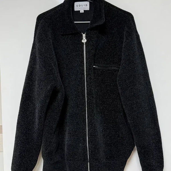 [BUNJANG] Solid Homme 25FW Black Chenille Collar Knit Zip-up (Size 48) / 솔리드옴므 25fw 블랙 셔닐 카라 니트집업 48