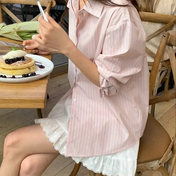 [BUNJANG] Real Coco Stripe Shirt Peach Pink / 리얼코코 스트라이프 셔츠 피치핑크
