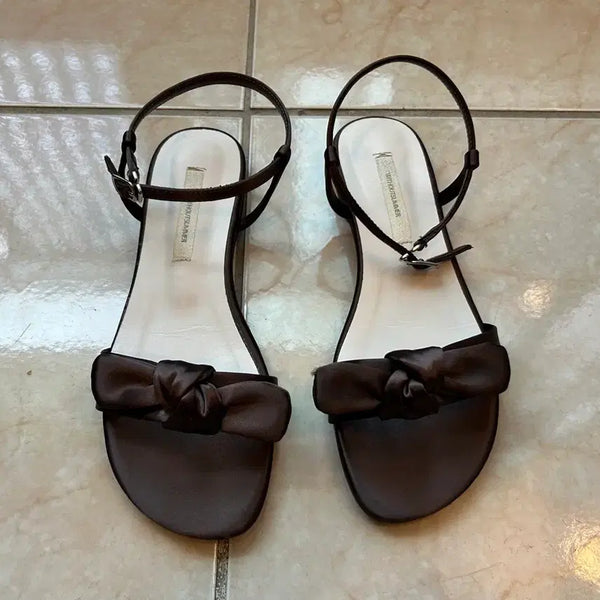 [BUNJANG] Without Summer Brown Ribbon Satin Strap Sandals / 위드아웃 썸머 브라운 리본 새틴 스트랩 샌달