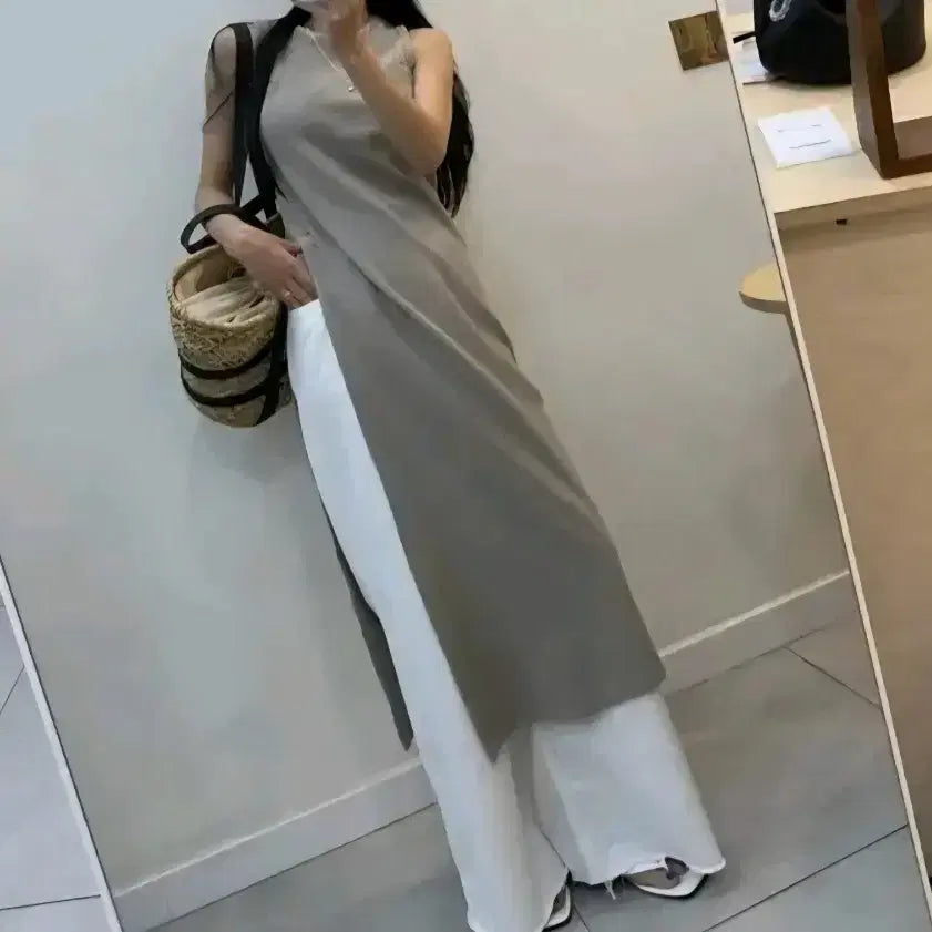 [BUNJANG] Locofit Waffle Sleeveless Layered Long Dress - Beige / 로코핏 와플 나시 레이어드 절개 롱 원피스 - 베이지