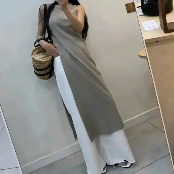 [BUNJANG] Locofit Waffle Sleeveless Layered Long Dress - Beige / 로코핏 와플 나시 레이어드 절개 롱 원피스 - 베이지