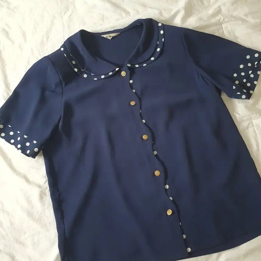 [BUNJANG] Navy Polka Dot Short Sleeve Blouse / 땡땡이 네이비 반팔 블라우스