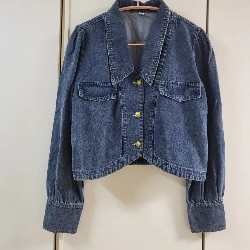 [BUNJANG] Denim Crop Jacket Puff Long Sleeve / 청 데님 크롭 자켓 퍼프 긴팔