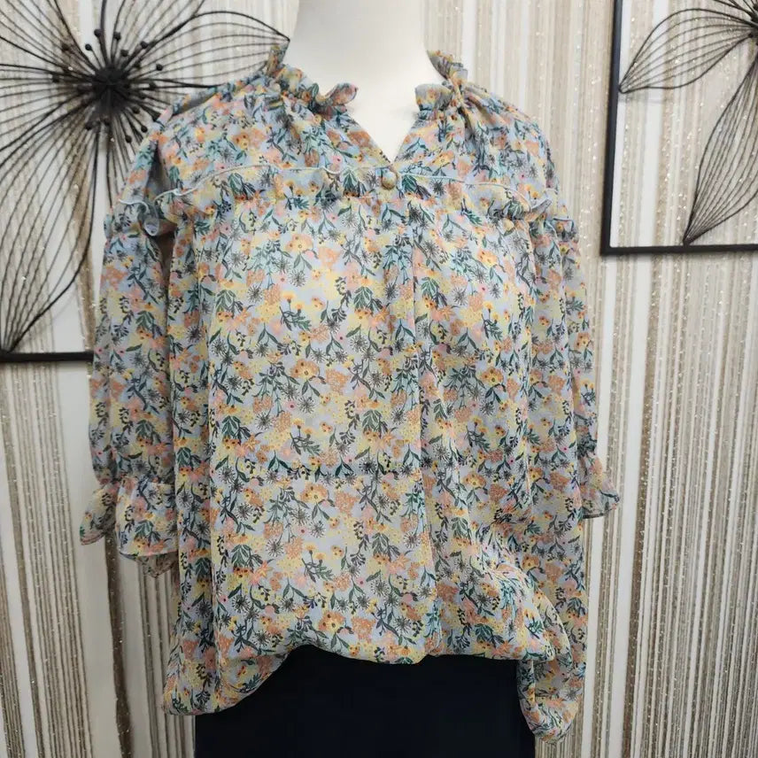 [BUNJANG] 8 Seconds Flower Pattern Chiffon Blouse with Frill Detail / 8세컨즈    플라워 패턴 쉬폰 블라우스 프릴 장식