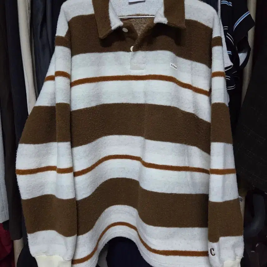 [BUNJANG] Covernat Brown Stripe Long Sleeve Polo Shirt / 커버낫 브라운 스트라이프 긴팔 카라티