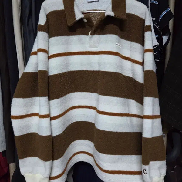 [BUNJANG] Covernat Brown Stripe Long Sleeve Polo Shirt / 커버낫 브라운 스트라이프 긴팔 카라티