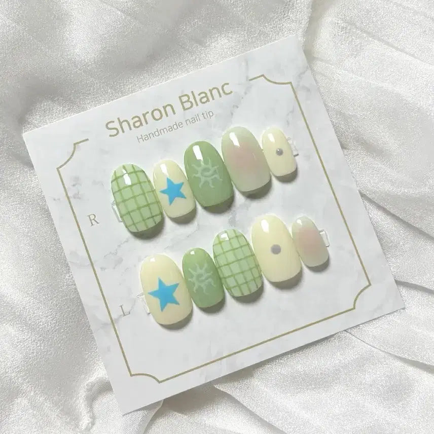 [BUNJANG] Sharon Blanc Vintage Green Nail Tips - 15 Shape Variety / 빈티지 그린 네일팁 / 15종 쉐입
