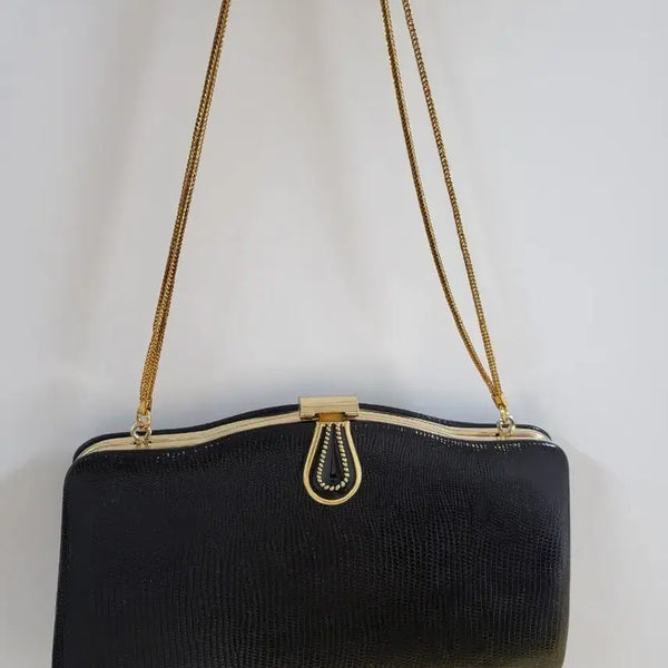 [BUNJANG] Vintage Lizard Leather Clutch Bag with Gold Chain / 빈티지 블랙 클러치백 금장 체인 가방