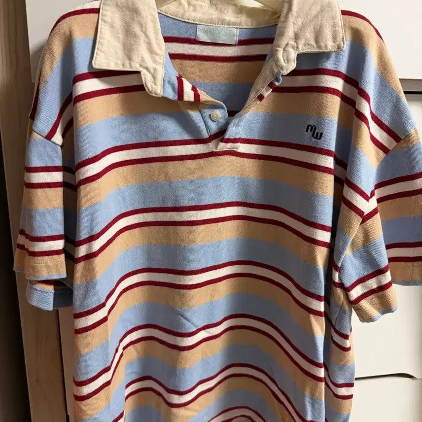 [BUNJANG] Modestmood Stripe Collar Short Sleeve T-Shirt / 모데스트무드 스트라이프 카라 반팔