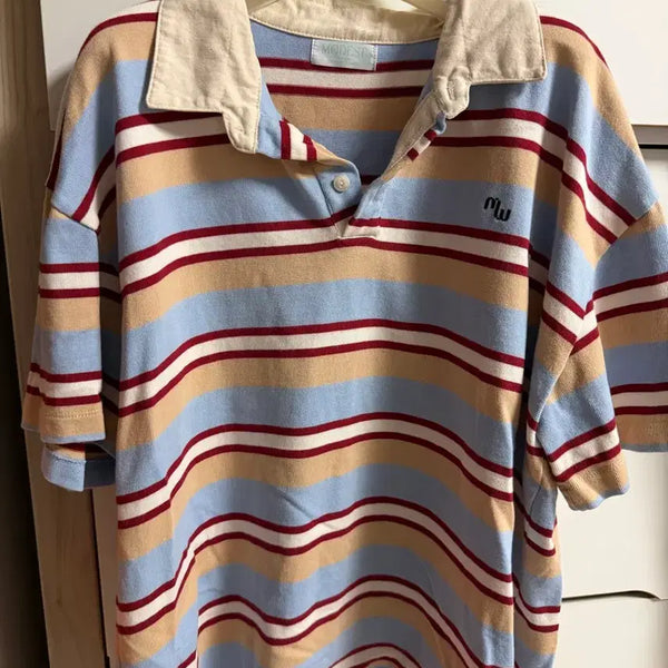 [BUNJANG] Modestmood Stripe Collar Short Sleeve T-Shirt / 모데스트무드 스트라이프 카라 반팔
