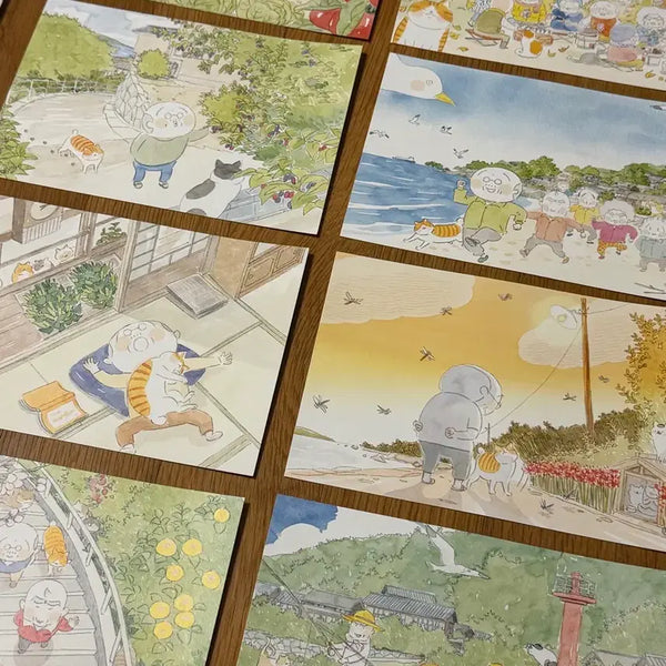 [BUNJANG] Grandfather and Cat Illustration Postcard Set with Multi-Purpose Stand / 고양이와 할아버지 일러스트 엽서 + 다목적 스탠드 세트