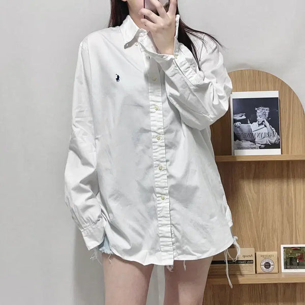 [BUNJANG] Polo Ralph Lauren White / Navy Pony Solid Shirt / 폴로 화이트 / 네이비포니 솔리드 셔츠 [ 180/100A ]