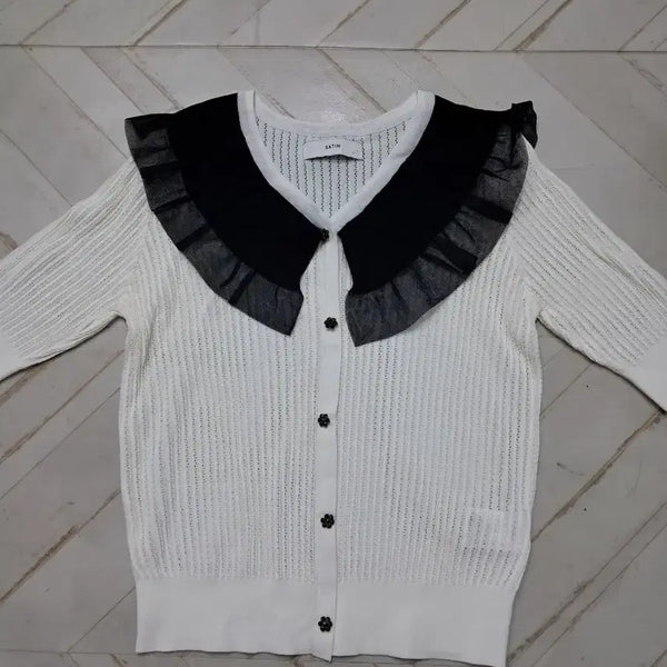 [BUNJANG] Satin Black Lace Collar Cardigan / Satin 블랙 레이스 칼라 가디건