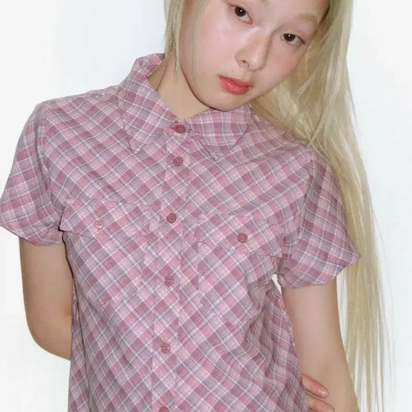 [BUNJANG] Ames Worldwide Check Short Sleeve Shirt Pink / 아메스 월드와이드 CHECK SHORTSLEEVE SHIRTS PINK