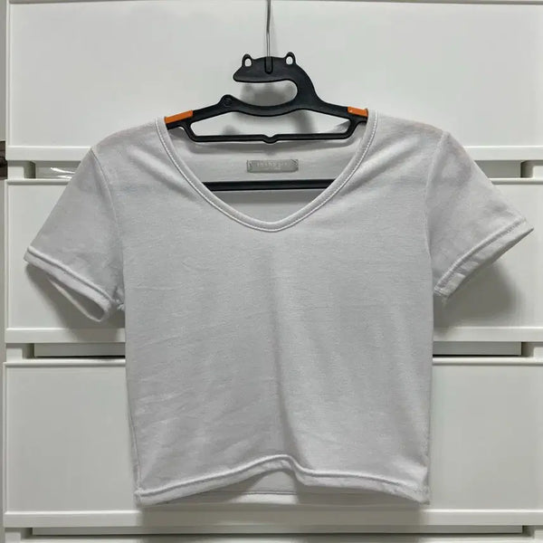 [BUNJANG] White V-Neck Cropped T-Shirt / 크롭 반팔 티셔츠