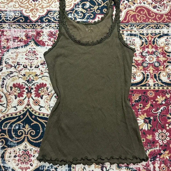 [BUNJANG] QBA Ribbed Lace Camisole Khaki / q.b.a 골지 레이스 끈나시 카키