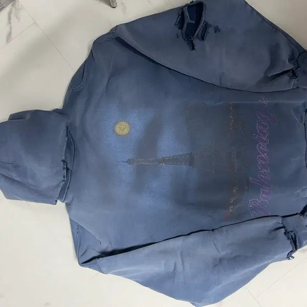 [BUNJANG] Balenciaga Paris Moon Distressed Hoodie Faded Blue / 발렌시아가 파리스 문 디스트로이드 후드 페이디드 블루