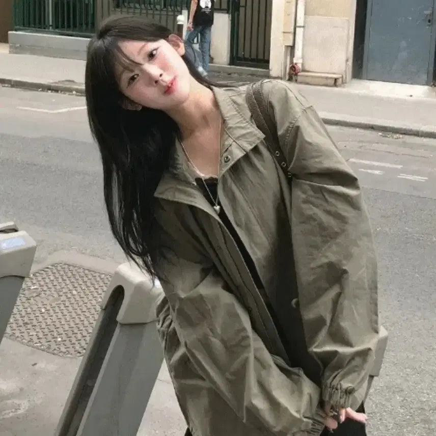 [BUNJANG] MINIPOE Cabin Field Jacket Khaki / 미니포에 캐빈 야상 자켓 카키 에이블리 지그재그 바람막이 교신가능