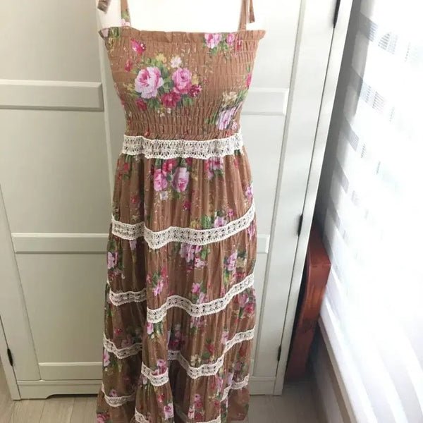 [BUNJANG] Vintage Japanese Lace Ruffle Floral Maxi Dress - Brown Rose Pattern / 일본빈티지 레이스 캉캉 플라워 롱 원피스 브라운 꽃무늬 끈나시원피스 장미