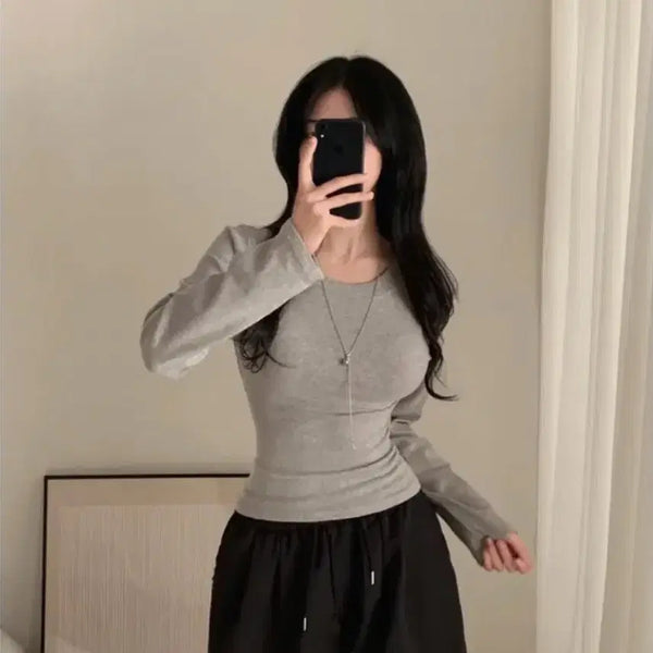 [BUNJANG] Round Neck Long Sleeve T-Shirt - Grey / 에이블리 라운드넥 긴팔 티셔츠 그레이 기본티
