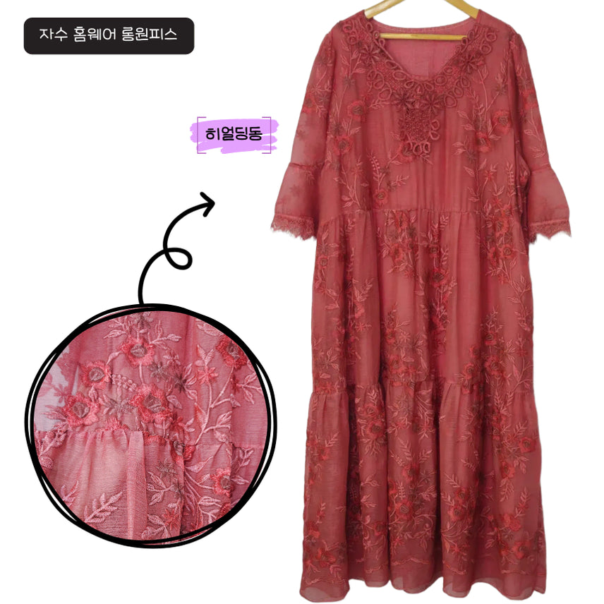 [BUNJANG] Herdingdong V-Neck Embroidered Long Dress / 딩동 :) 여름세일/2XL까지/홈웨어 브이넥 자수 롱원피스_130