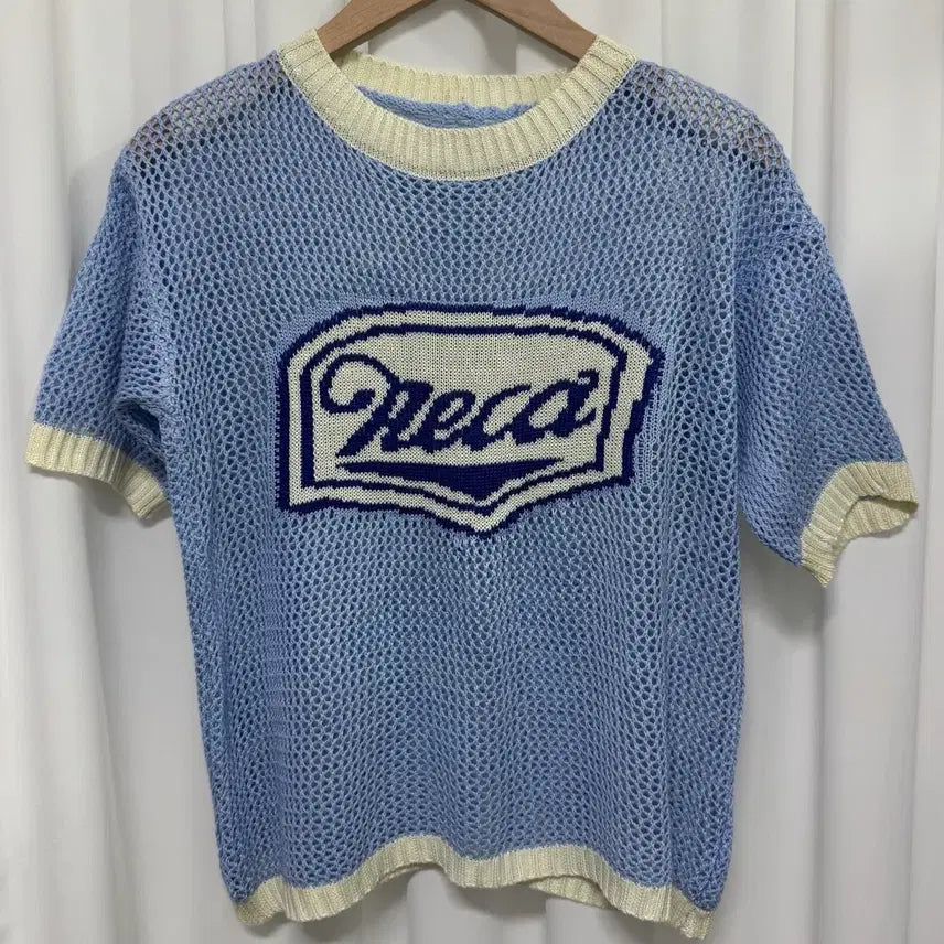 [BUNJANG] Light Blue Mesh Sheer Short Sleeve Knit / 소라색 메쉬 시스루 반팔 니트 그물짜임