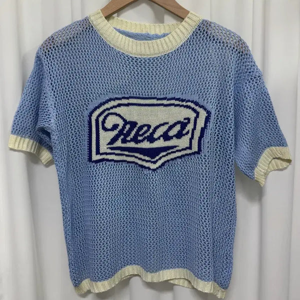 [BUNJANG] Light Blue Mesh Sheer Short Sleeve Knit / 소라색 메쉬 시스루 반팔 니트 그물짜임