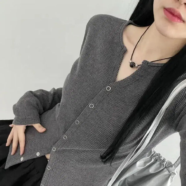 [BUNJANG] Button Ribbed V-Neck Cardigan Grey / 단추 골지 V넥 가디건 그레이 새상품