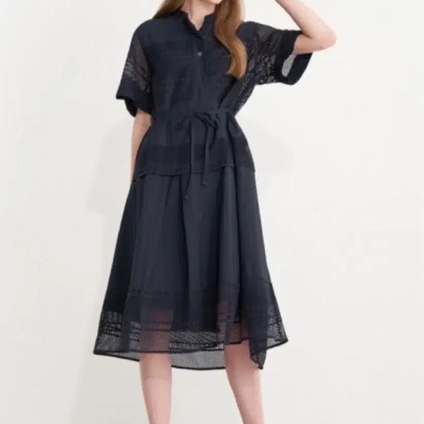 [BUNJANG] SJSJ 2022 Ailet Punching Strap Dress Navy / 22년 한섬 SJSJ 아일렛 펀칭 바스락 스트랩 원피스 벨트반팔여름네이비