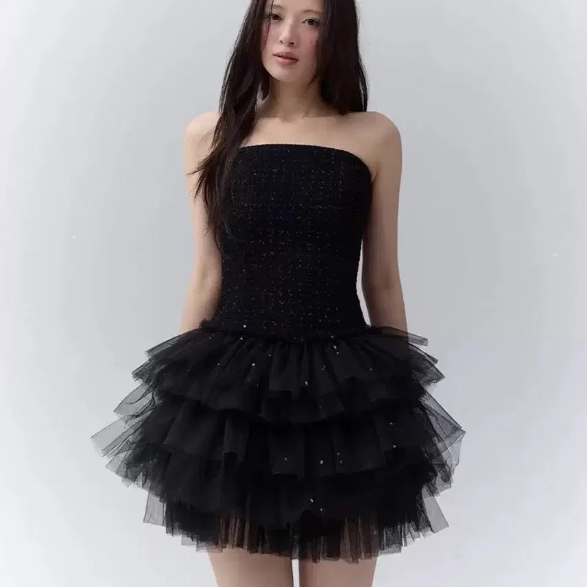 [BUNJANG] Thetis Romantic Tweed Sheer Mini Dress Black / 더티스 로맨틱 트위드 샤 미니 드레스 블랙튤미니원피스