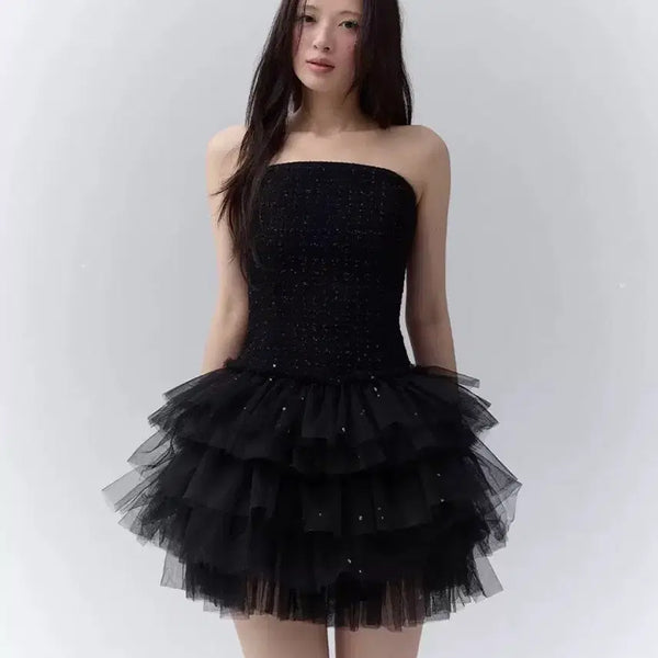 [BUNJANG] Thetis Romantic Tweed Sheer Mini Dress Black / 더티스 로맨틱 트위드 샤 미니 드레스 블랙튤미니원피스