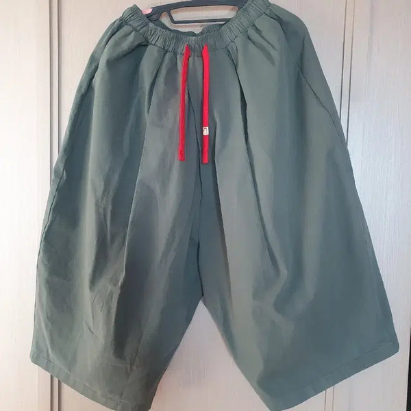 [BUNJANG] Khaki Cotton Relaxed Fit Cropped Pants / 카키색 밴딩 와이드 팬츠