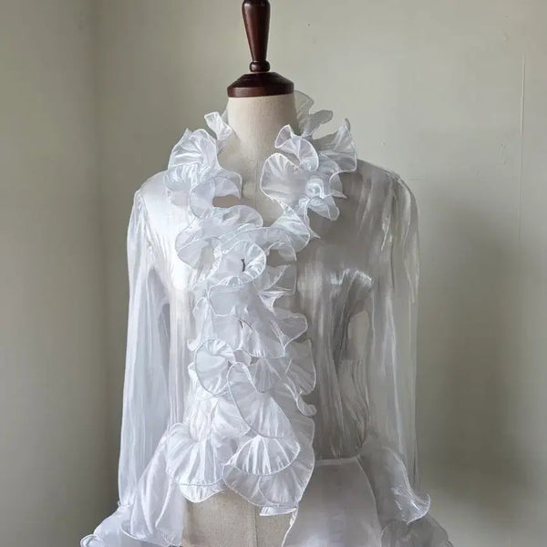 [BUNJANG] White One-Hook Chiffon Frill See-Through Cardigan / 화이트 원후크 쉬폰 프릴 시스루 가디건