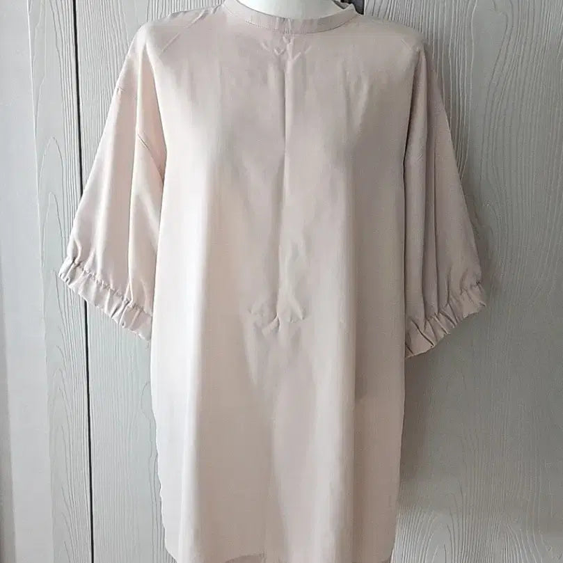 [BUNJANG] Beige Banding Short Sleeve Long T-Shirt Mini Dress (Plus Size) / (빅사이즈) 베이지 밴딩 반팔 롱 티셔츠겸 미니원피스