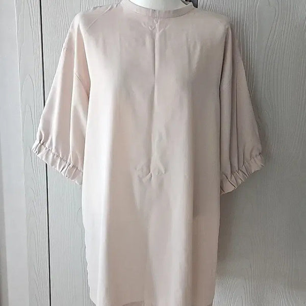 [BUNJANG] Beige Banding Short Sleeve Long T-Shirt Mini Dress (Plus Size) / (빅사이즈) 베이지 밴딩 반팔 롱 티셔츠겸 미니원피스