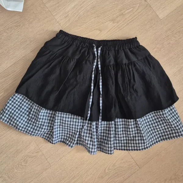 [BUNJANG] Color Block Plaid Ruffle Skirt Shorts / 배색 체크 캉캉 스커트 치마바지