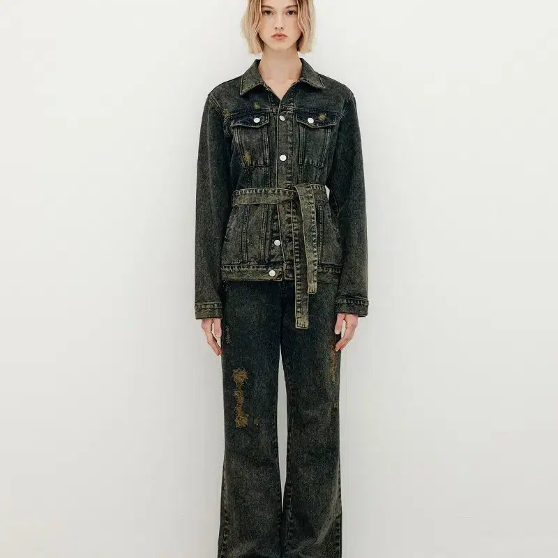 [BUNJANG] Yuse Belted Distressed Denim Jacket Black Khaki / (새상품) yuse 벨티드 디스트로이드 데님자켓 블랙카키