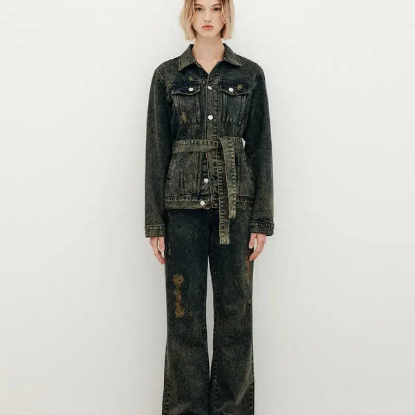 [BUNJANG] Yuse Belted Distressed Denim Jacket Black Khaki / (새상품) yuse 벨티드 디스트로이드 데님자켓 블랙카키