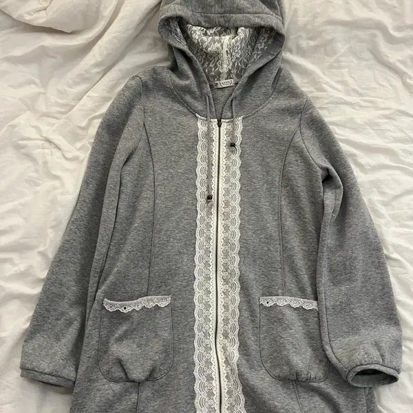 [BUNJANG] Vintage Lace Detail Zip-Up Hoodie / 빈티지 레이스 디테일 후드 집업