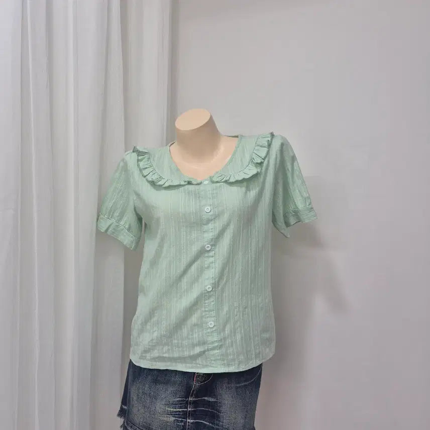 [BUNJANG] Mint Ruffle Short Sleeve Blouse / 민트색 프릴 반팔 블라우스